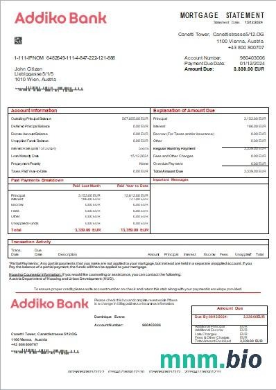 Austria Bank Addiko wyciąg z kredytu hipotecznego szablon Word i PDF